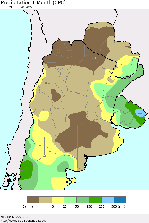 Southern South America Precipitation 1-Month (CPC) Thematic Map For 6/21/2022 - 7/20/2022