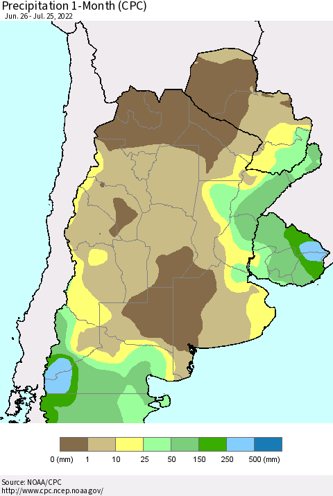 Southern South America Precipitation 1-Month (CPC) Thematic Map For 6/26/2022 - 7/25/2022