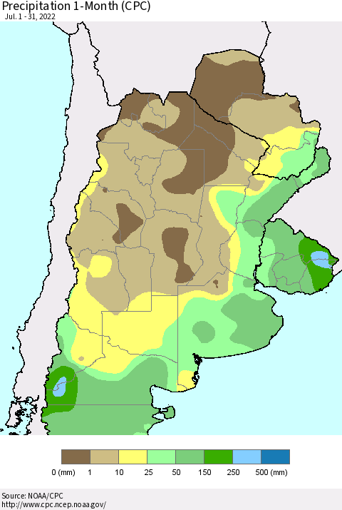 Southern South America Precipitation 1-Month (CPC) Thematic Map For 7/1/2022 - 7/31/2022