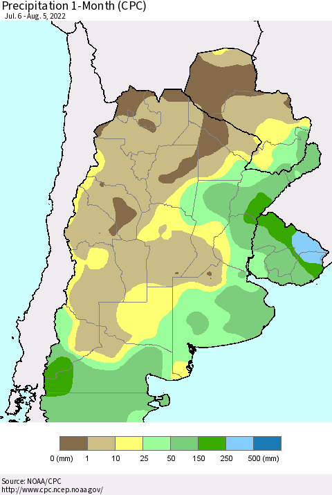 Southern South America Precipitation 1-Month (CPC) Thematic Map For 7/6/2022 - 8/5/2022