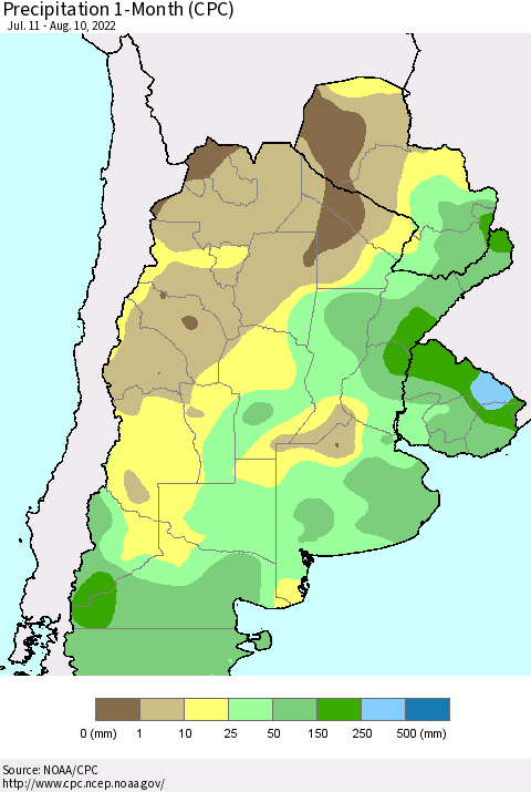 Southern South America Precipitation 1-Month (CPC) Thematic Map For 7/11/2022 - 8/10/2022