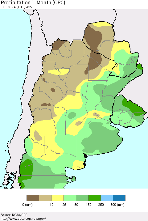 Southern South America Precipitation 1-Month (CPC) Thematic Map For 7/16/2022 - 8/15/2022
