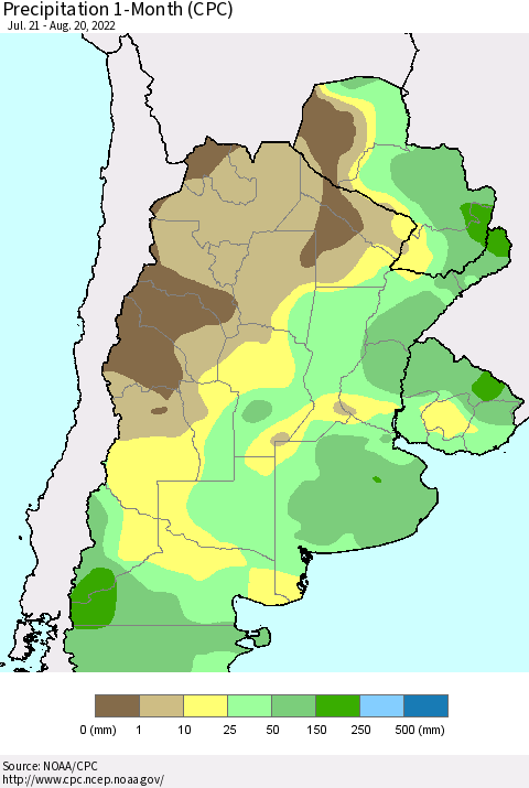 Southern South America Precipitation 1-Month (CPC) Thematic Map For 7/21/2022 - 8/20/2022