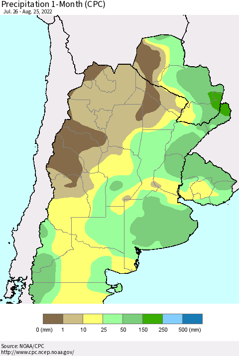 Southern South America Precipitation 1-Month (CPC) Thematic Map For 7/26/2022 - 8/25/2022