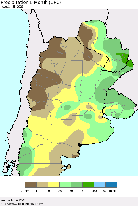 Southern South America Precipitation 1-Month (CPC) Thematic Map For 8/1/2022 - 8/31/2022