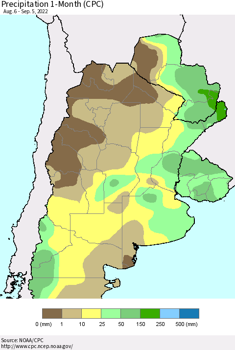 Southern South America Precipitation 1-Month (CPC) Thematic Map For 8/6/2022 - 9/5/2022