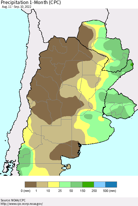 Southern South America Precipitation 1-Month (CPC) Thematic Map For 8/11/2022 - 9/10/2022