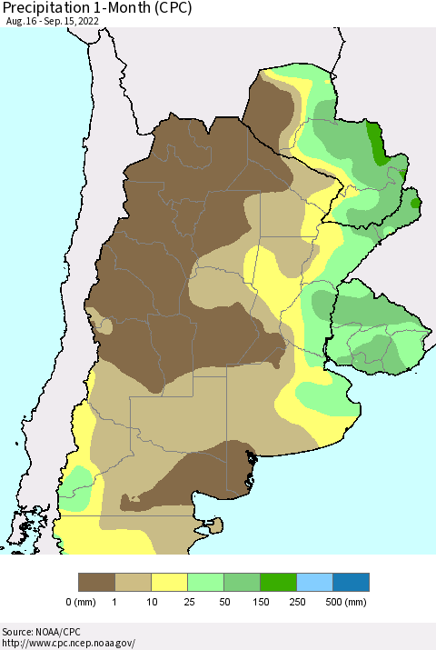 Southern South America Precipitation 1-Month (CPC) Thematic Map For 8/16/2022 - 9/15/2022