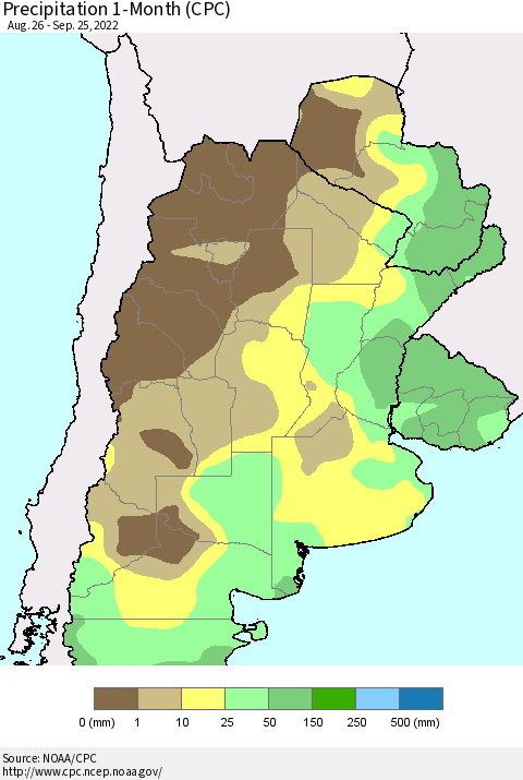 Southern South America Precipitation 1-Month (CPC) Thematic Map For 8/26/2022 - 9/25/2022