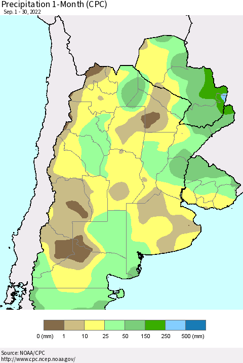 Southern South America Precipitation 1-Month (CPC) Thematic Map For 9/1/2022 - 9/30/2022