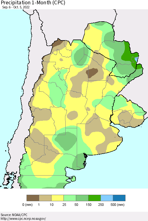Southern South America Precipitation 1-Month (CPC) Thematic Map For 9/6/2022 - 10/5/2022