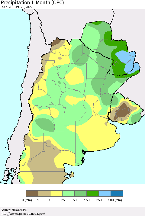 Southern South America Precipitation 1-Month (CPC) Thematic Map For 9/26/2022 - 10/25/2022