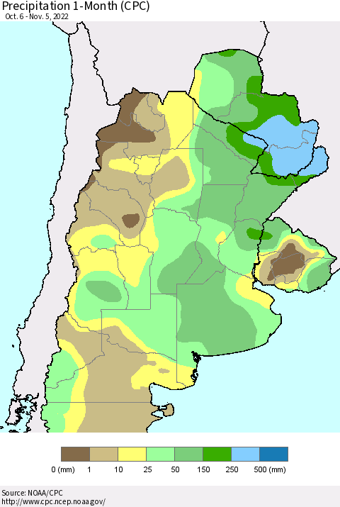 Southern South America Precipitation 1-Month (CPC) Thematic Map For 10/6/2022 - 11/5/2022