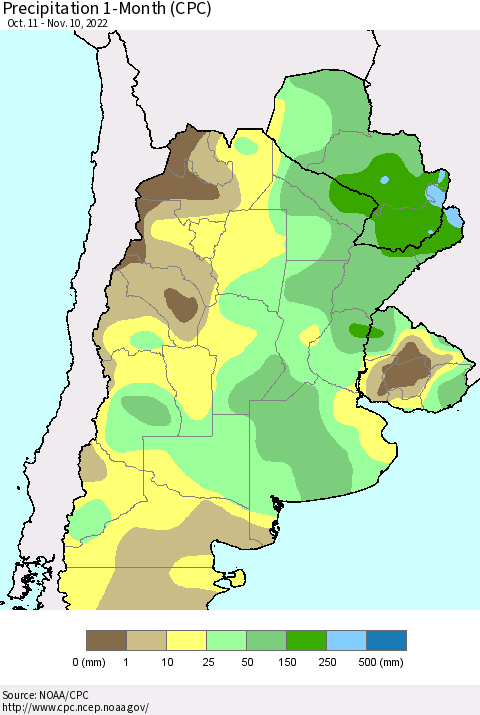 Southern South America Precipitation 1-Month (CPC) Thematic Map For 10/11/2022 - 11/10/2022