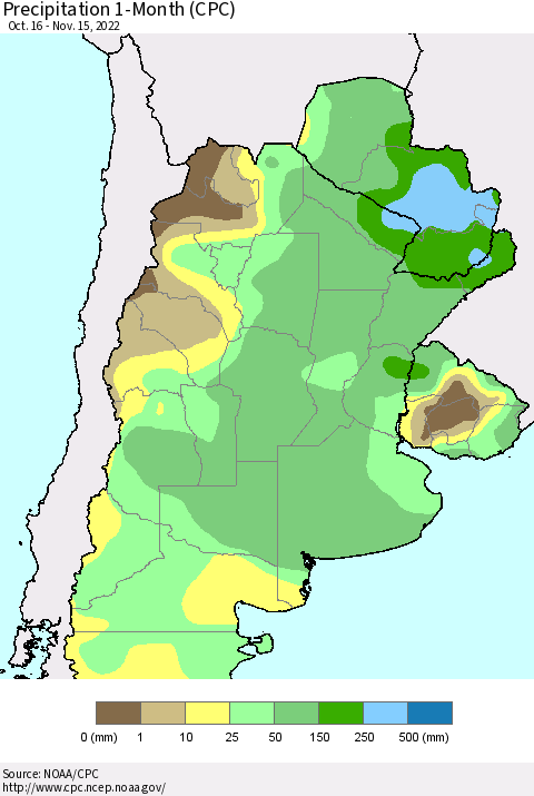 Southern South America Precipitation 1-Month (CPC) Thematic Map For 10/16/2022 - 11/15/2022