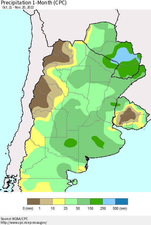 Southern South America Precipitation 1-Month (CPC) Thematic Map For 10/21/2022 - 11/20/2022