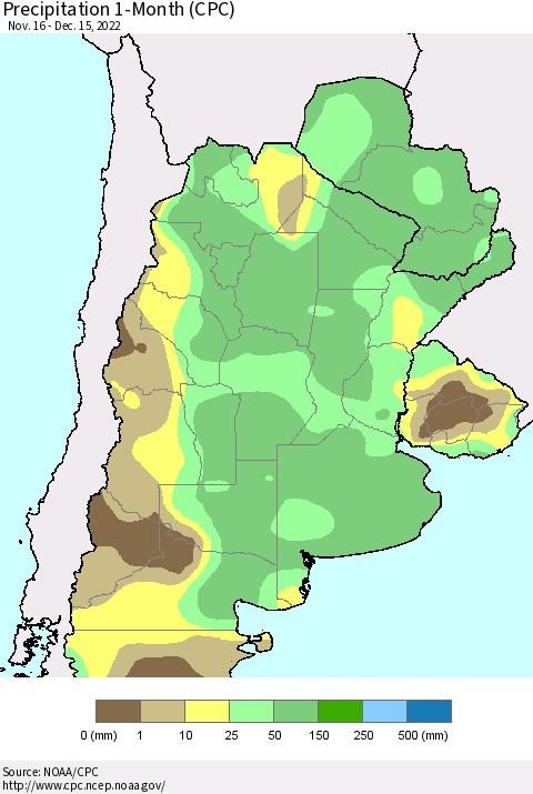 Southern South America Precipitation 1-Month (CPC) Thematic Map For 11/16/2022 - 12/15/2022