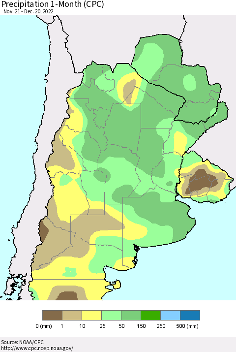 Southern South America Precipitation 1-Month (CPC) Thematic Map For 11/21/2022 - 12/20/2022