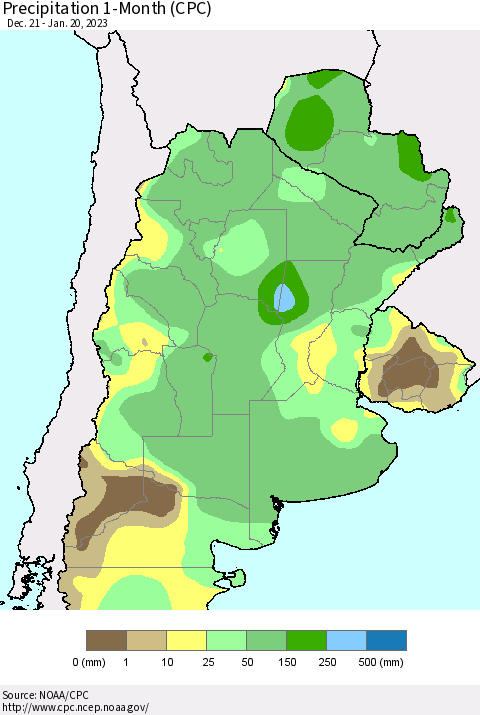 Southern South America Precipitation 1-Month (CPC) Thematic Map For 12/21/2022 - 1/20/2023