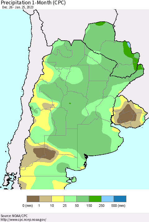 Southern South America Precipitation 1-Month (CPC) Thematic Map For 12/26/2022 - 1/25/2023