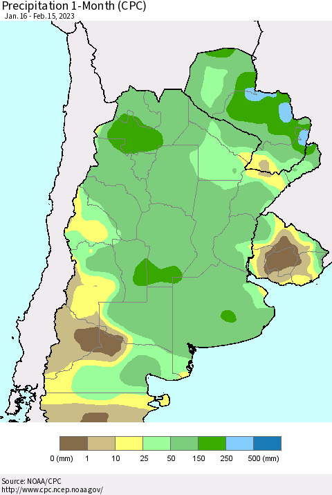 Southern South America Precipitation 1-Month (CPC) Thematic Map For 1/16/2023 - 2/15/2023