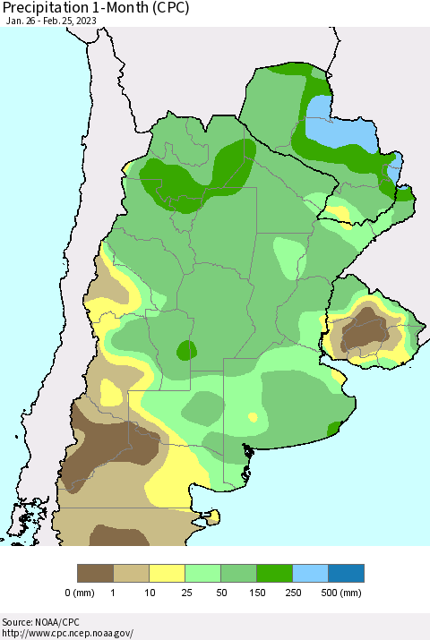 Southern South America Precipitation 1-Month (CPC) Thematic Map For 1/26/2023 - 2/25/2023