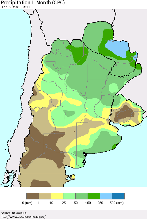 Southern South America Precipitation 1-Month (CPC) Thematic Map For 2/6/2023 - 3/5/2023