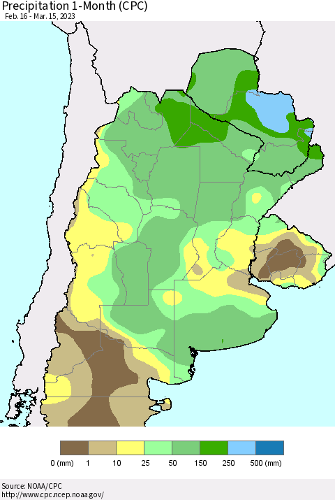 Southern South America Precipitation 1-Month (CPC) Thematic Map For 2/16/2023 - 3/15/2023