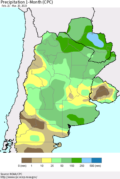 Southern South America Precipitation 1-Month (CPC) Thematic Map For 2/21/2023 - 3/20/2023