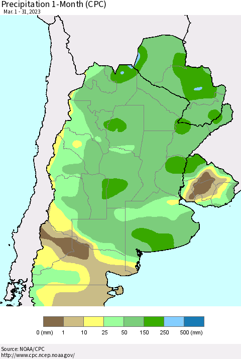 Southern South America Precipitation 1-Month (CPC) Thematic Map For 3/1/2023 - 3/31/2023