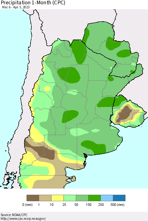 Southern South America Precipitation 1-Month (CPC) Thematic Map For 3/6/2023 - 4/5/2023