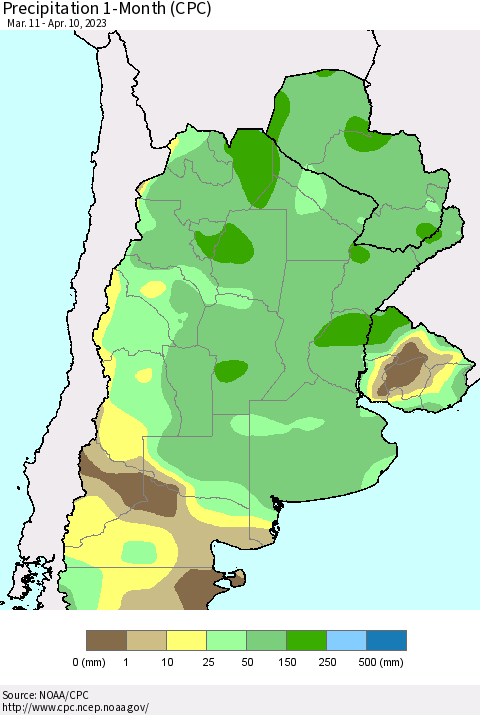 Southern South America Precipitation 1-Month (CPC) Thematic Map For 3/11/2023 - 4/10/2023