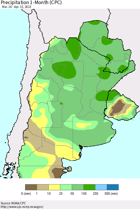 Southern South America Precipitation 1-Month (CPC) Thematic Map For 3/16/2023 - 4/15/2023