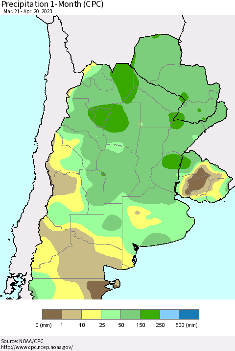 Southern South America Precipitation 1-Month (CPC) Thematic Map For 3/21/2023 - 4/20/2023