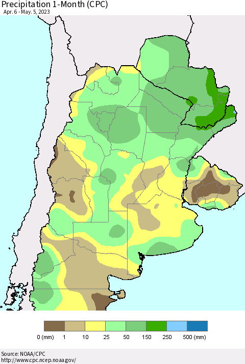 Southern South America Precipitation 1-Month (CPC) Thematic Map For 4/6/2023 - 5/5/2023