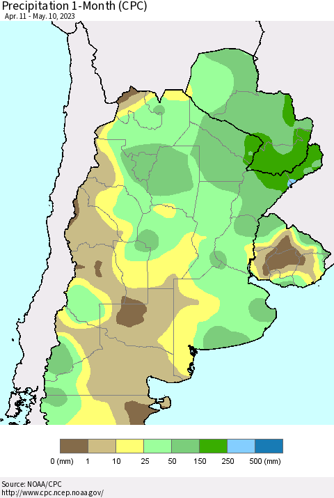 Southern South America Precipitation 1-Month (CPC) Thematic Map For 4/11/2023 - 5/10/2023