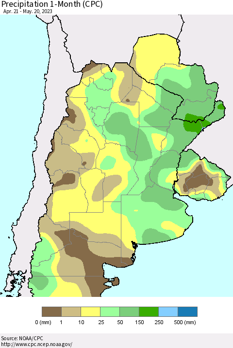 Southern South America Precipitation 1-Month (CPC) Thematic Map For 4/21/2023 - 5/20/2023