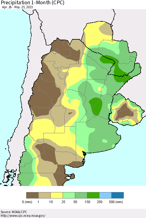 Southern South America Precipitation 1-Month (CPC) Thematic Map For 4/26/2023 - 5/25/2023