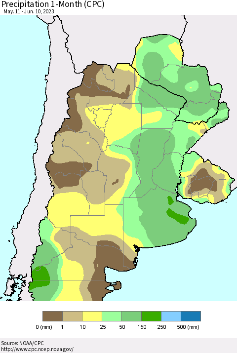 Southern South America Precipitation 1-Month (CPC) Thematic Map For 5/11/2023 - 6/10/2023