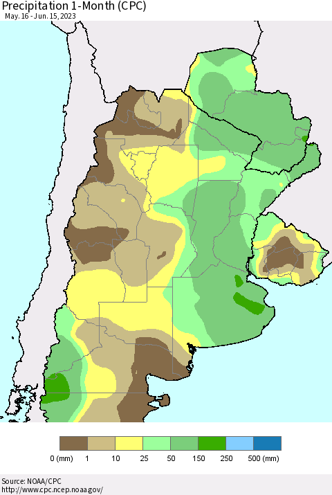 Southern South America Precipitation 1-Month (CPC) Thematic Map For 5/16/2023 - 6/15/2023