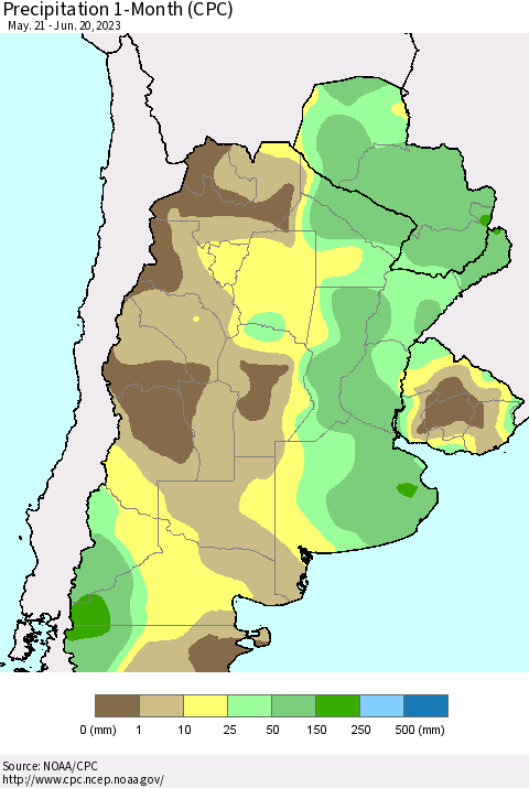 Southern South America Precipitation 1-Month (CPC) Thematic Map For 5/21/2023 - 6/20/2023
