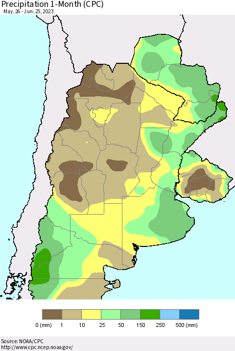 Southern South America Precipitation 1-Month (CPC) Thematic Map For 5/26/2023 - 6/25/2023