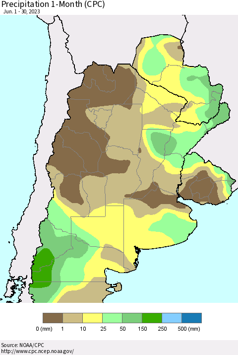 Southern South America Precipitation 1-Month (CPC) Thematic Map For 6/1/2023 - 6/30/2023