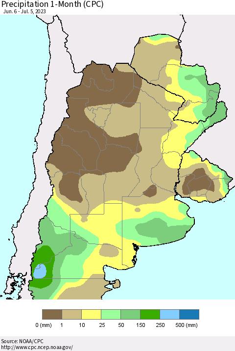 Southern South America Precipitation 1-Month (CPC) Thematic Map For 6/6/2023 - 7/5/2023
