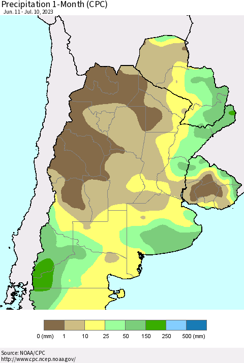 Southern South America Precipitation 1-Month (CPC) Thematic Map For 6/11/2023 - 7/10/2023