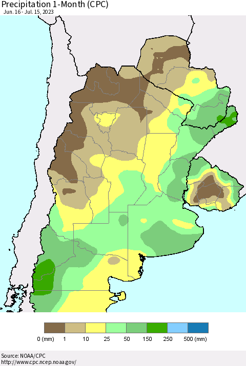 Southern South America Precipitation 1-Month (CPC) Thematic Map For 6/16/2023 - 7/15/2023