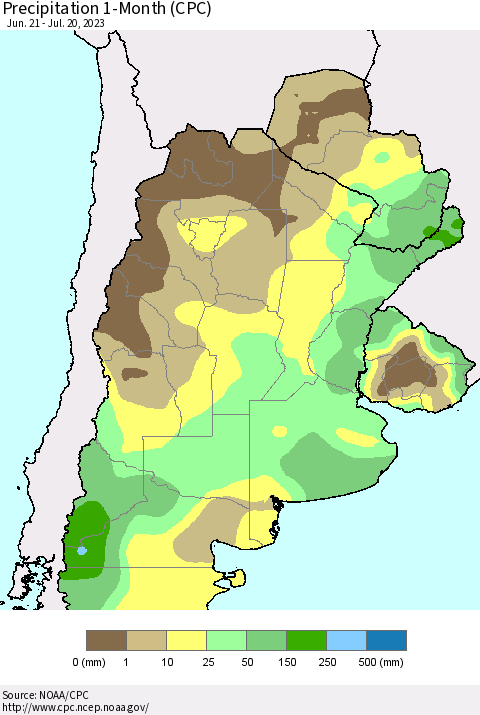 Southern South America Precipitation 1-Month (CPC) Thematic Map For 6/21/2023 - 7/20/2023