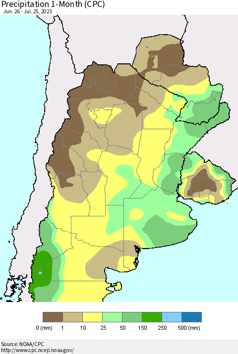 Southern South America Precipitation 1-Month (CPC) Thematic Map For 6/26/2023 - 7/25/2023