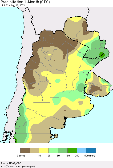 Southern South America Precipitation 1-Month (CPC) Thematic Map For 7/11/2023 - 8/10/2023