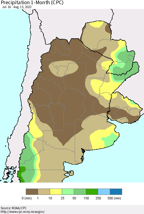 Southern South America Precipitation 1-Month (CPC) Thematic Map For 7/16/2023 - 8/15/2023